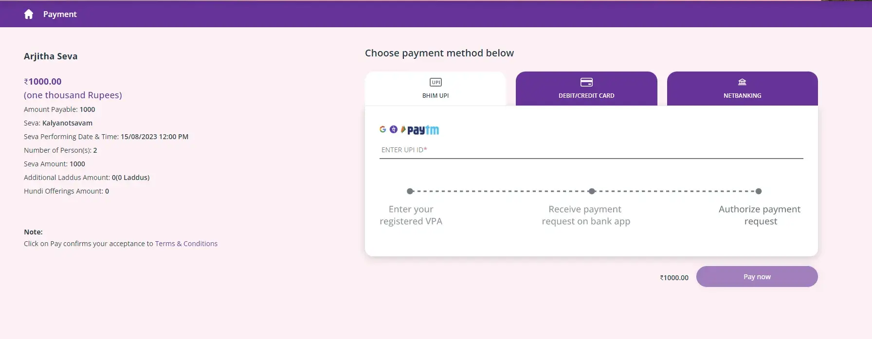 Payment Options for Kalyanotsavam Booking